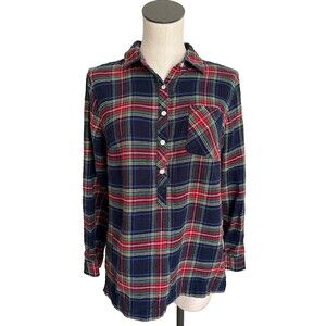 Lands End Women’s Flannel Shirt 1/2 Button Blue Red Green M Size 6